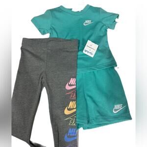 Nike 18m Girls Teal T-Shirt and Shorts Set + Gray Leggings Lot NWT